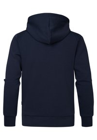 Navy blue hooded sweatshirt with a soft texture, long sleeves, ribbed cuffs, and a simple design. Back view shows no additional details.