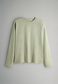 Gaiši zaļa, garām piedurknēm krekls no mīkstas auduma ar apaļu kakla izgriezumu un brīvu piegriezumu, vienkāršā, tīrā dizainā bez rakstiem.