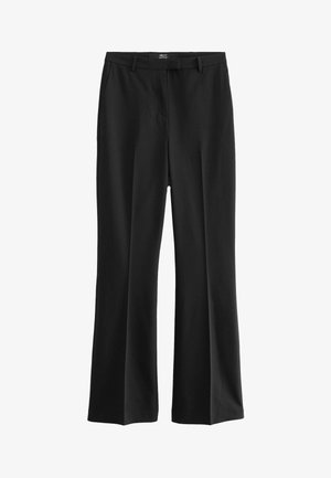 Juodos, aukšto liemens, plačios kojos kelnes su lygia tekstūra ir lengvu blizgesiu, su priekinių kišenių ir diskretiniu elastiniu juosmeniu.