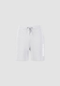 Shorts en coton gris clair avec une taille élastique et un cordon de serrage. Présente un logo blanc imprimé verticalement sur la jambe gauche.