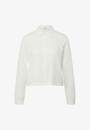 Weißes langärmliges Hemd zum Knöpfen mit klassischem Kragen und leicht gekürztem Saum.