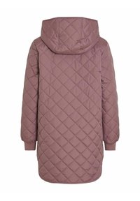 Quilted, kapuco plašč v mauve barvi z diamantnim vzorcem. Ima elastične manšete in rahlo ukrivljen rob, izdelan iz mehkega materiala.