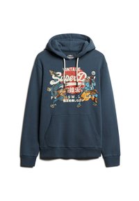 Sudadera azul marino hecha de una mezcla de algodón y poliéster, con un bolsillo canguro en la parte delantera, capucha con cordón y un diseño gráfico colorido.