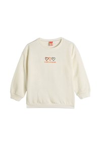 Sudadera crema con cuello redondo y mangas largas de corte amplio. Presenta gráficos de corazones en marrón, naranja y verde, así como bordado de texto.