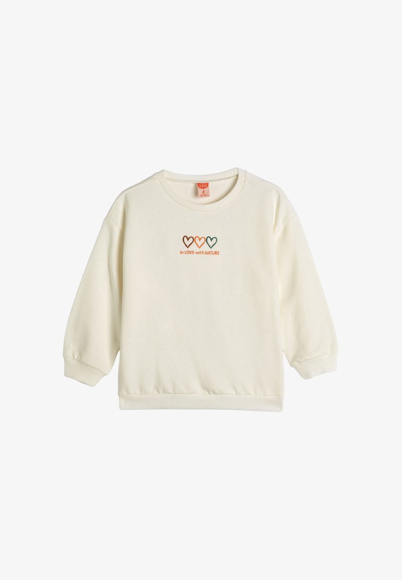 Roomkleurige sweatshirt met een ronde halslijn en lange, losvallende mouwen. Voorzien van bruine, oranje en groene hartgraphics en geborduurde tekst.