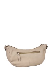Borsa a spalla in pelle beige con silhouette curvata, chiusura a zip superiore e tasca frontale con zip. Finitura testurizzata e dettagli in metallo.