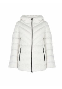Veste doudoune blanche avec capuche, fermeture éclair noire et coutures en chevrons angulaires. Tissu texturé avec poches latérales et coupe décontractée.