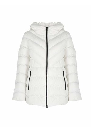 Veste doudoune blanche avec capuche, fermeture éclair noire et coutures en chevrons angulaires. Tissu texturé avec poches latérales et coupe décontractée.