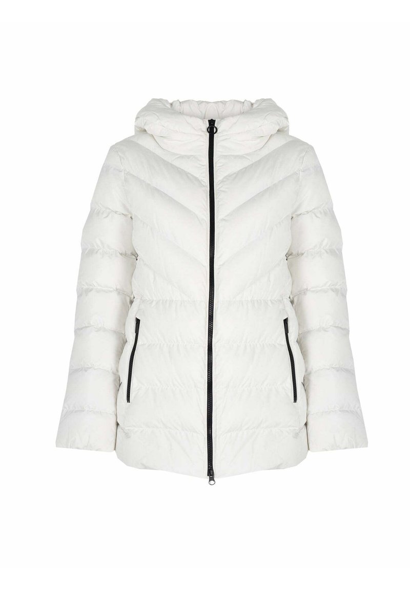 Veste doudoune blanche avec capuche, fermeture éclair noire et coutures en chevrons angulaires. Tissu texturé avec poches latérales et coupe décontractée.