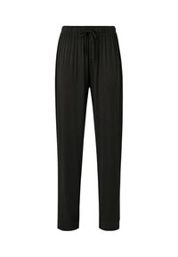 Zwarte drawstring broek met een brede elastische tailleband, taps toelopende benen en opgerolde enkels. Gemaakt van een zachte, lichte stof.