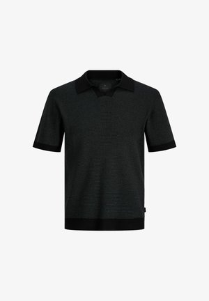 Polo a maniche corte in maglia nera con motivo testurizzato, colletto, polsini e orlo neri solidi, mostrato su sfondo bianco.