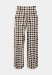 Bruine, zwarte en witte geruite wijde pijpen broek van een textuurstof, met een hoge taille en rechte snit.