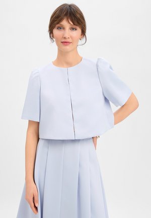 Vrouw die een lichtblauw cropped top met korte mouwen draagt en een bijpassende, hooggetailleerde geplooide rok, poserend met één hand op haar heup.