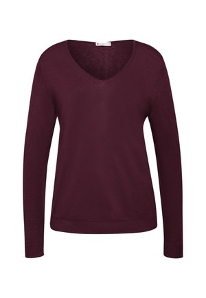 Bordeaux langærmet sweater med V-hals, lavet af blødt strikket stof, der har ribbede manchetter og kant for ekstra tekstur og detaljer.