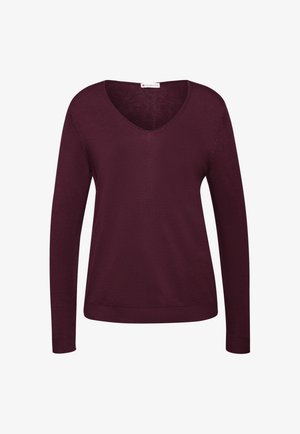Pull en tricot bordeaux à manches longues avec un décolleté en V, fabriqué dans un tissu tricoté doux, dotée de poignets et d'un ourlet à côtes pour plus de texture et de détails.