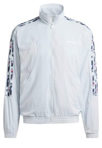 Helle blaue Windbreaker-Jacke mit hohem Kragen, durchgehendem Reißverschluss, elastischen Bündchen und gemusterten Seitestreifen. Hergestellt aus leichtem, glattem Stoff.