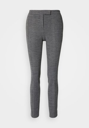Grå herringbone-mønstrede bukser med en tæt design, slim ben og glat tekstur. Har en hælse med en frontlås og ingen lommer.