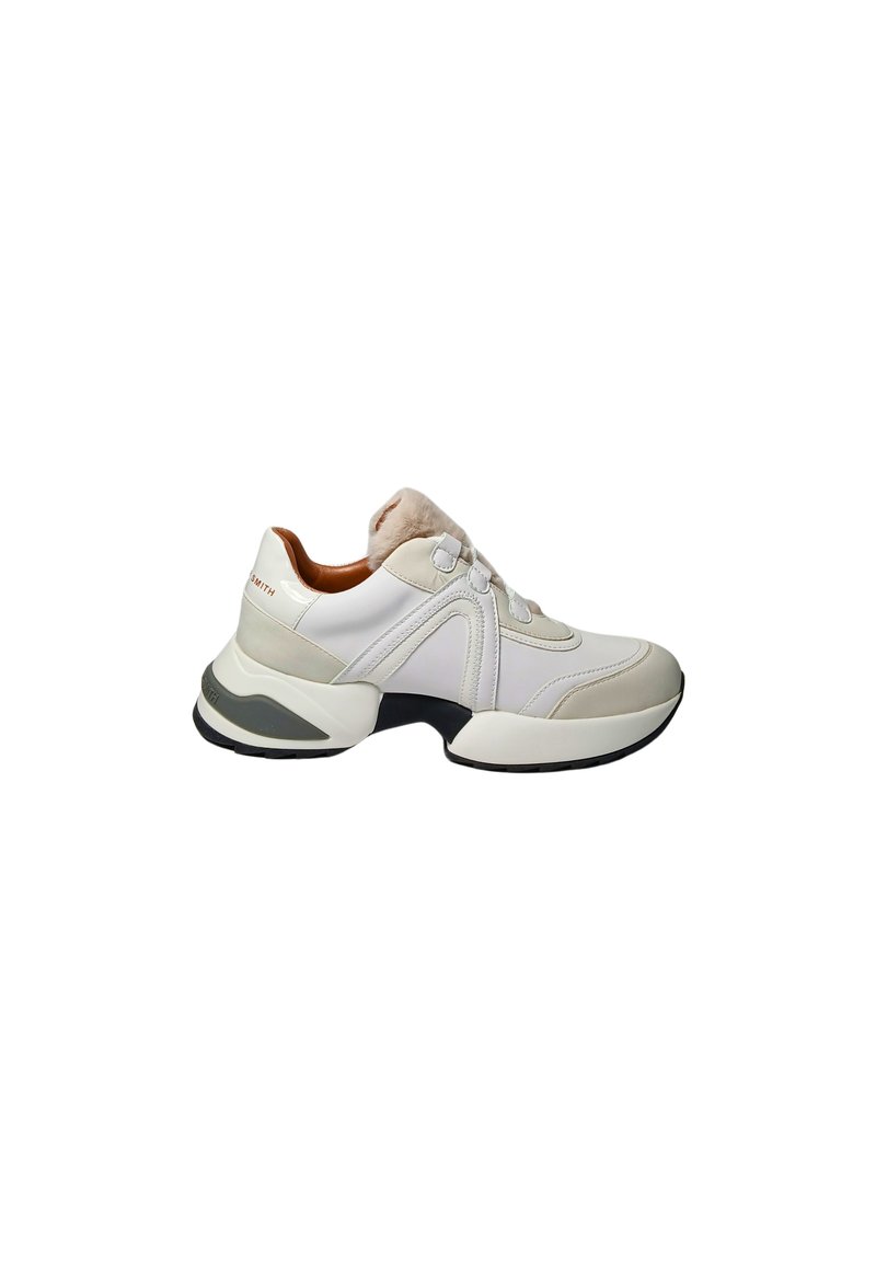 Hvide lædersneakers med grå accenter, kraftig sål, polstret krave og snørebåndsdesign. Har en blanding af glatte og strukturerede overflader.