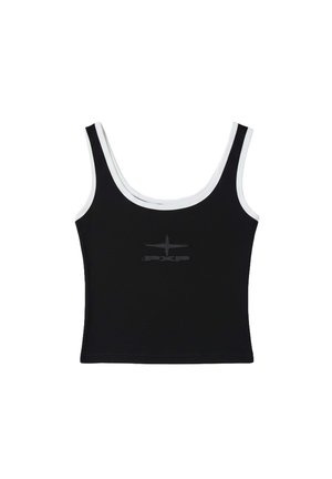 Zwart tanktopje met een ronde halslijn, voorzien van witte bies en een subtiel grijs logo aan de voorkant. Gemaakt van een glad, elastisch materiaal.