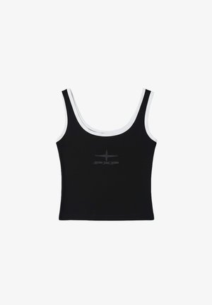 Zwart tanktopje met een ronde halslijn, voorzien van witte bies en een subtiel grijs logo aan de voorkant. Gemaakt van een glad, elastisch materiaal.