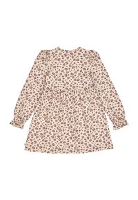 Floral print dress in cream with long sleeves, gathered waist, and ruffled cuffs. Features small pink and burgundy flowers throughout.