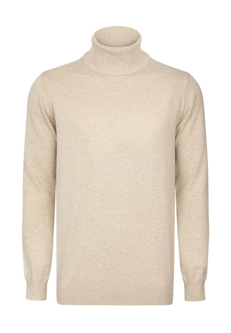 Beige kauluspaita, joka on valmistettu pehmeästä neuloskankaasta. Sitä koristavat ribbaus kauluksessa ja hihoissa, suora malli ja puhdas, tekstuuripintainen pinta.