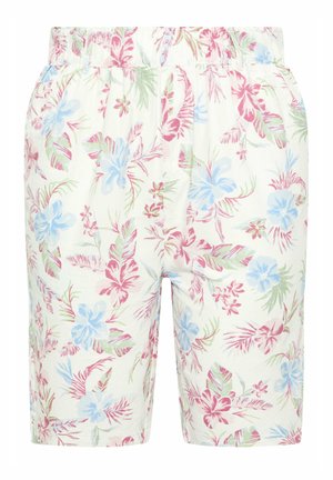 Weiße Shorts in Knielänge mit elastischem Bund, verziert mit einem pastellfarbenen Blumenmuster in Pink, Blau sowie grünen Blättern und Blüten.