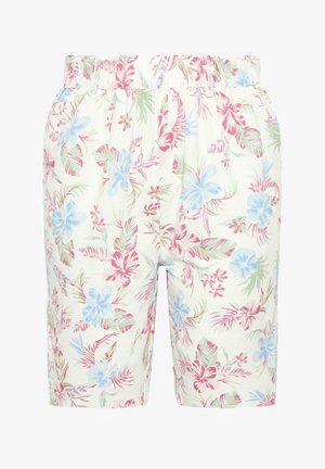 Białe szorty do kolan z elastycznym pasem, zdobione pastelowym kwiatowym wzorem w różu, niebieskim oraz zielonych liściach i kwiatach.