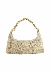 Häkelte beige Handtasche mit strukturiertem Muster und goldener Kettenhenkel, ovaler Form und weicher, flexibler Struktur.