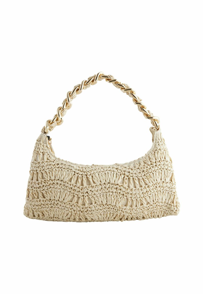 Häkelte beige Handtasche mit strukturiertem Muster und goldener Kettenhenkel, ovaler Form und weicher, flexibler Struktur.