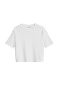T-shirt blanc court en tissu lisse, avec un col rond et des manches courtes à épaules basses, offrant une coupe décontractée.