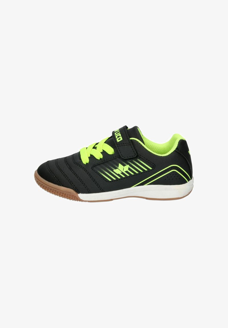 Black athletic shoe with neon green laces and accents, featuring a textured surface and a Velcro strap. Rubber sole for traction.