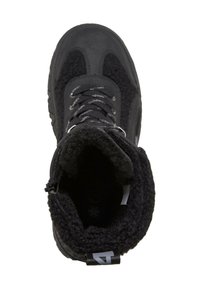 Black winter boot with thick fleece lining, lace-up front, and rubber sole, shown from top view.
