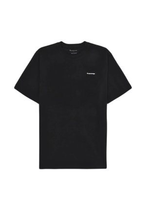 Zwart T-shirt met korte mouwen met kleine witte tekst "Knowledge" op de bovenste linkerborst, weergegeven op een witte achtergrond.