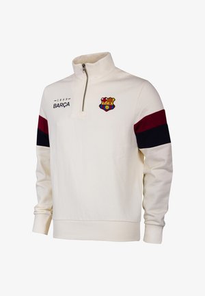 Witte sweater met kwart-ritssluiting met Barça-logo en de tekst "1899", met wijnrode en marineblauwe horizontale strepen op de mouwen.
