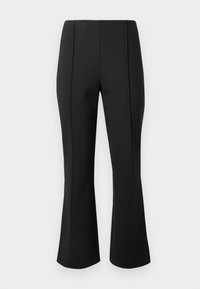 Pantaloni neri a campana realizzati in tessuto elasticizzato, caratterizzati da una texture liscia, due cuciture frontali e un design sartoriale senza tasche.