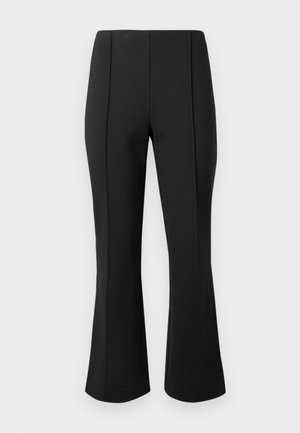 Pantalons flare noirs en tissu extensible, avec une texture lisse, deux coutures avant et un design ajusté sans poches.