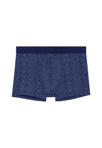 Námořnické boxerky s geometrickým světle modrým vzorem, se tmavě modrým pasem s vyraženým názvem značky HOM.
