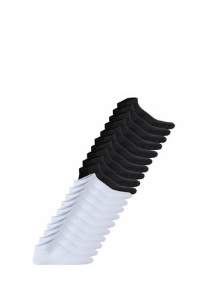 Tien paar zwarte en witte lage enkelsokken diagonaal gerangschikt op een witte achtergrond.