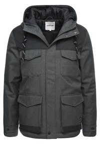 Grå isoleret jakke med dobbeltlagedesign, frontlynlås, justerbar hætte og flere frontlommer. Tekstureret stof med mørke nuancer.