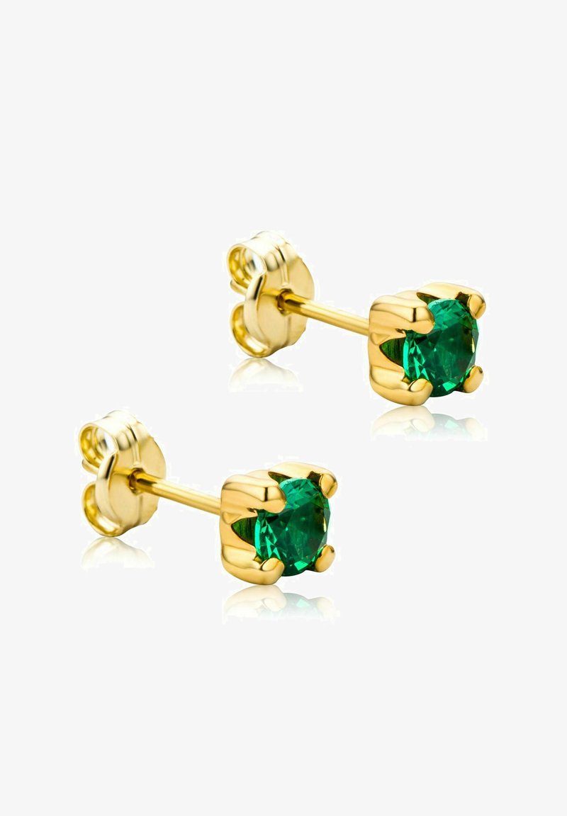 Gold stud earrings featuring round green gemstones set in a four-prong setting with a polished texture. Simple and elegant design.