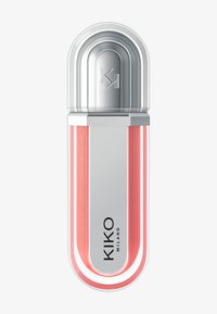 Produkt do ust KIKO Milano w smukłym owalnym opakowaniu, z metalową srebrną pokrywką i różowo-perłową podstawą, z logo marki w czerni z przodu.