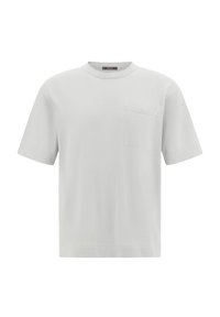 T-shirt in cotone grigio chiaro con collo rotondo, maniche corte e una piccola tasca sul petto. Tessuto morbido e design dritto.