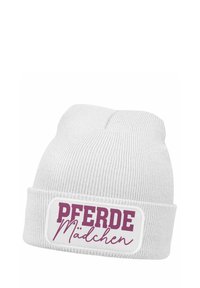 White knit beanie with a soft texture. Features a folding cuff and a rectangular patch displaying "PFERDE Mädchen" in bold purple letters.
