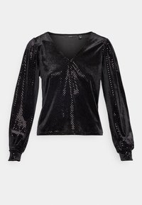Svart långärmad blus med V-ringning, tillverkad av mjukt material, med en subtil glans och perforerat mönster för textur.