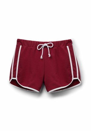 Bordowe sportowe spodenki z białym sznurkiem i białym obszyciem na krawędziach, z zaokrąglonym dołem i bocznymi paskami.