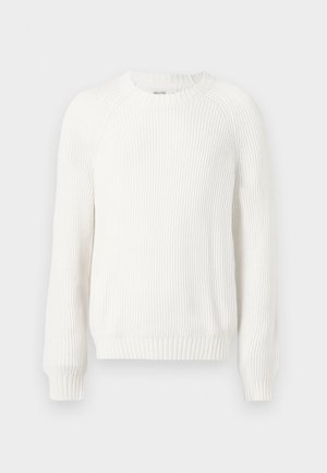 Balta stora megztinis su apvaliu iškirpimu, nusileidusiomis petnešomis ir ilgomis rankovėmis. Turi tekstūrinį audinį ir tiesų apačią.