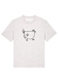Graues Baumwoll-T-Shirt mit einer einfachen schwarzen Zeichnung eines Huhns. Kurze Ärmel, Rundhalsausschnitt und lockere Passform.
