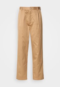 Khaki trousers, cotton blend, straight-leg design, front pleats, belt loops, and button closure. Smooth texture with no patterns.