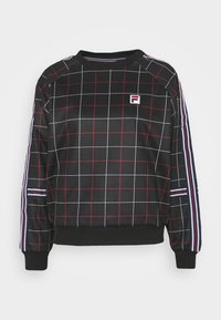 Černá mikina s červeným a bílým čtvercovým vzorem, s žebrovaným límcem a manžetami, a nášivkou loga na hrudi. Pruhované akcenty na rukávech.